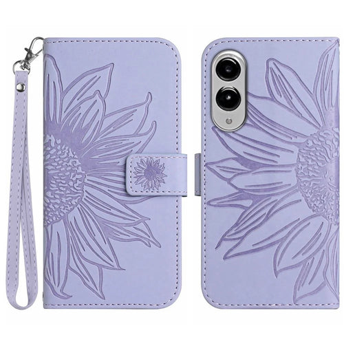 For Samsung Galaxy S25 Edge Case Sunflower Imprint Leather Wallet Phone Cover with Wrist Strap - Light Purple - 1