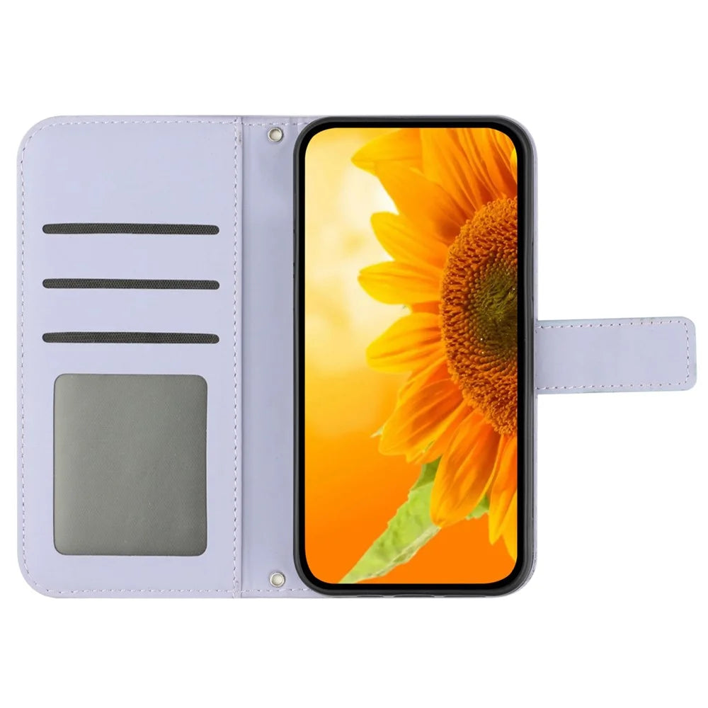 For Samsung Galaxy S25 Edge Case Sunflower Imprint Leather Wallet Phone Cover with Wrist Strap - Light Purple - 2