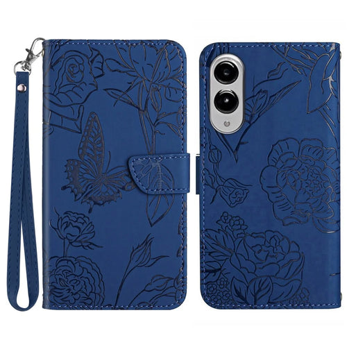 For Samsung Galaxy S25 Edge Case Butterfly Flower Imprinted Leather Phone Cover with Strap - Blue - 1