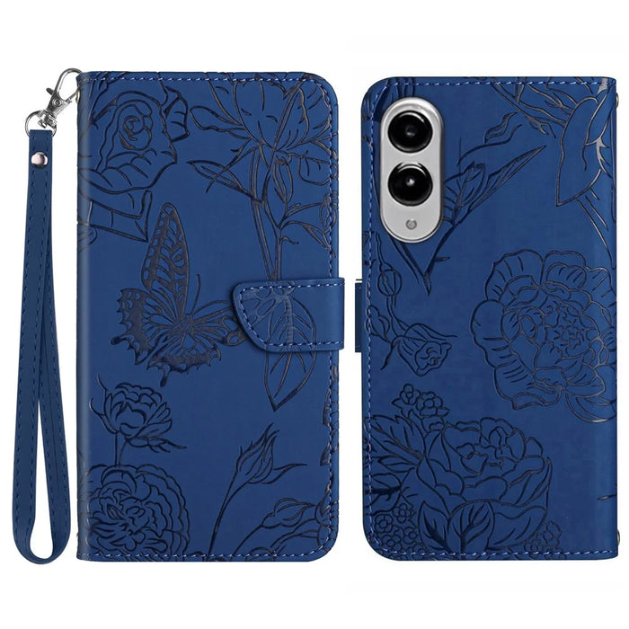 For Samsung Galaxy S25 Edge Case Butterfly Flower Imprinted Leather Phone Cover with Strap - Blue - 1