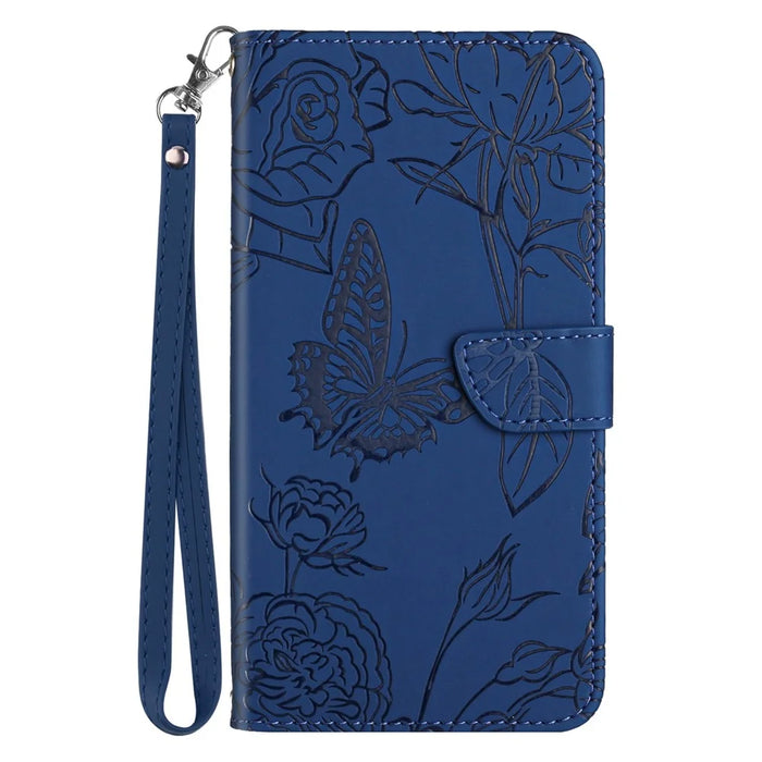 For Samsung Galaxy S25 Edge Case Butterfly Flower Imprinted Leather Phone Cover with Strap - Blue - 7