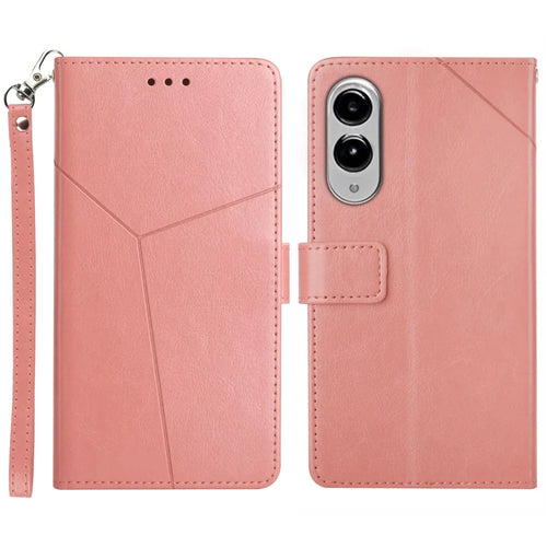 For Samsung Galaxy S25 Edge Case with Wrist Strap Y Shaped Lines Imprint Leather Phone Cover - Pink - 1