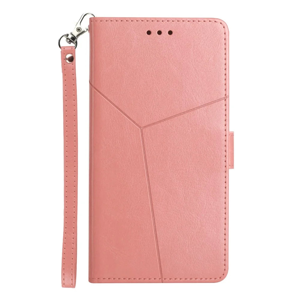 For Samsung Galaxy S25 Edge Case with Wrist Strap Y Shaped Lines Imprint Leather Phone Cover - Pink - 7