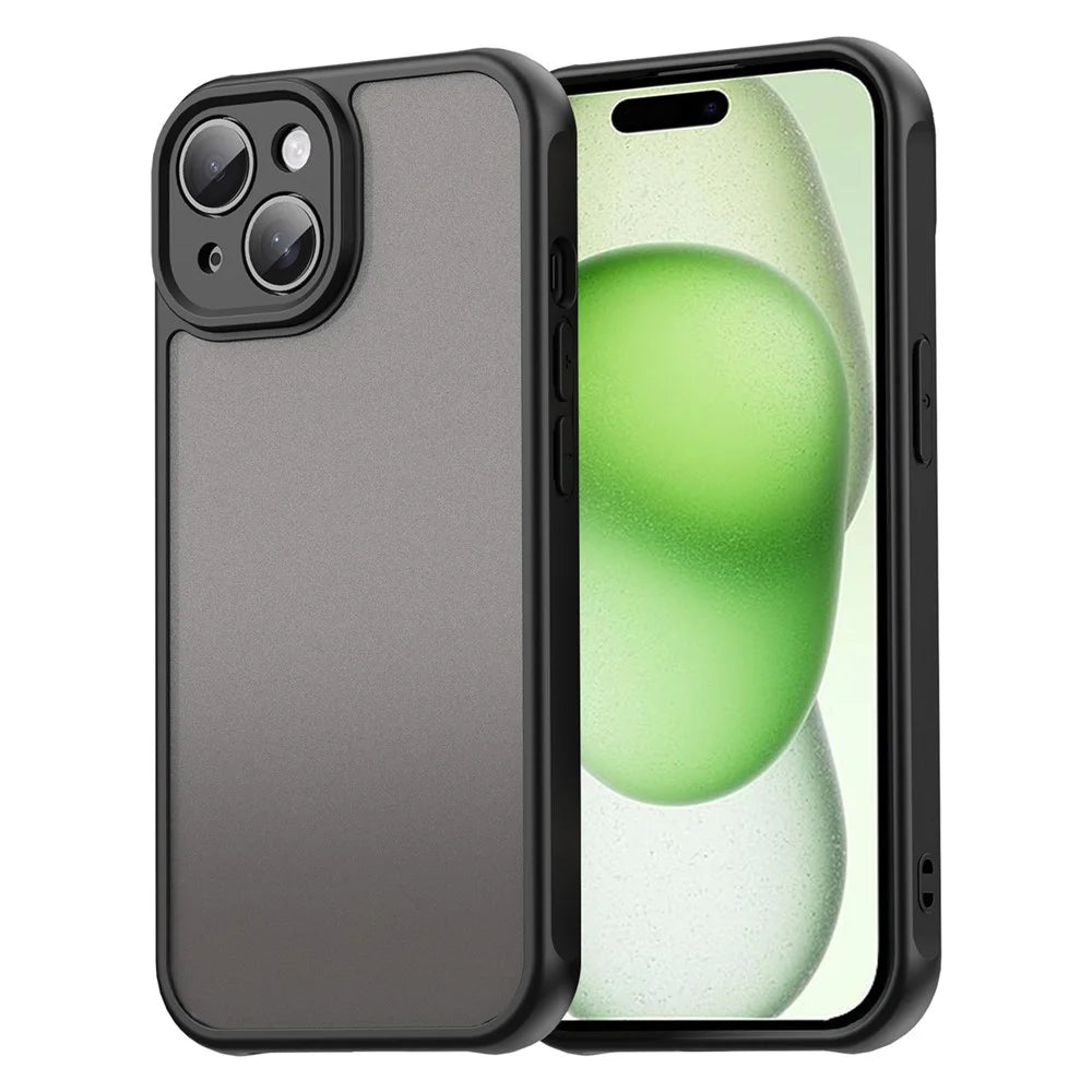 For iPhone 15 Case Drop Proof Airbags Frosted Translucent PC + TPU Phone Back Cover - Black - 1