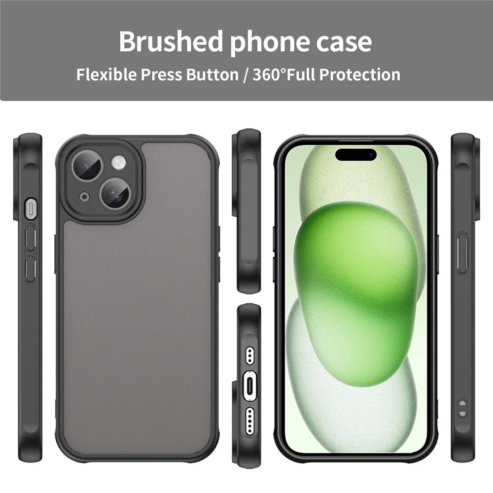 For iPhone 15 Case Drop Proof Airbags Frosted Translucent PC + TPU Phone Back Cover - Black - 3
