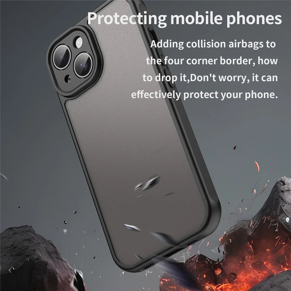 For iPhone 15 Case Drop Proof Airbags Frosted Translucent PC + TPU Phone Back Cover - Black - 4
