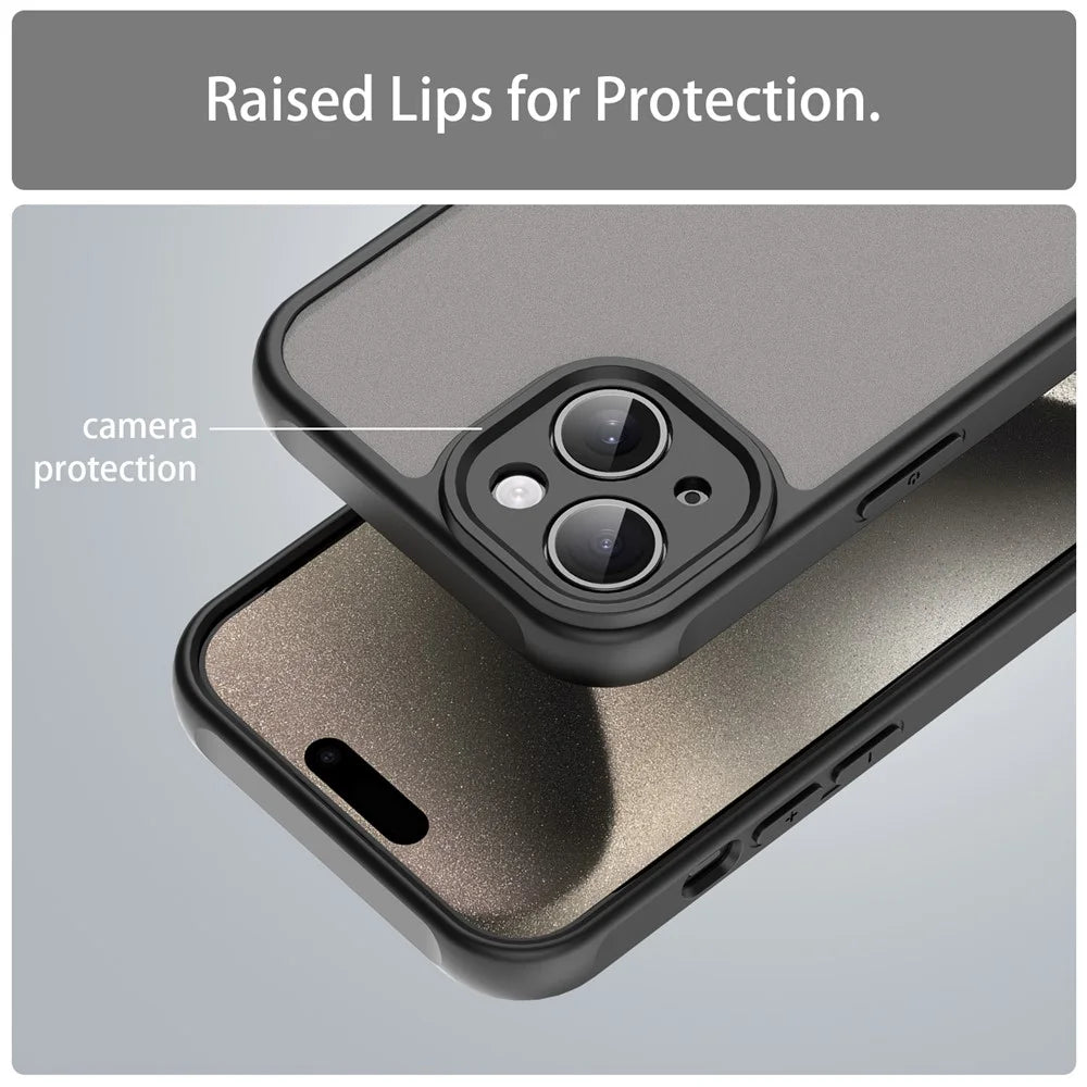 For iPhone 15 Case Drop Proof Airbags Frosted Translucent PC + TPU Phone Back Cover - Black - 7