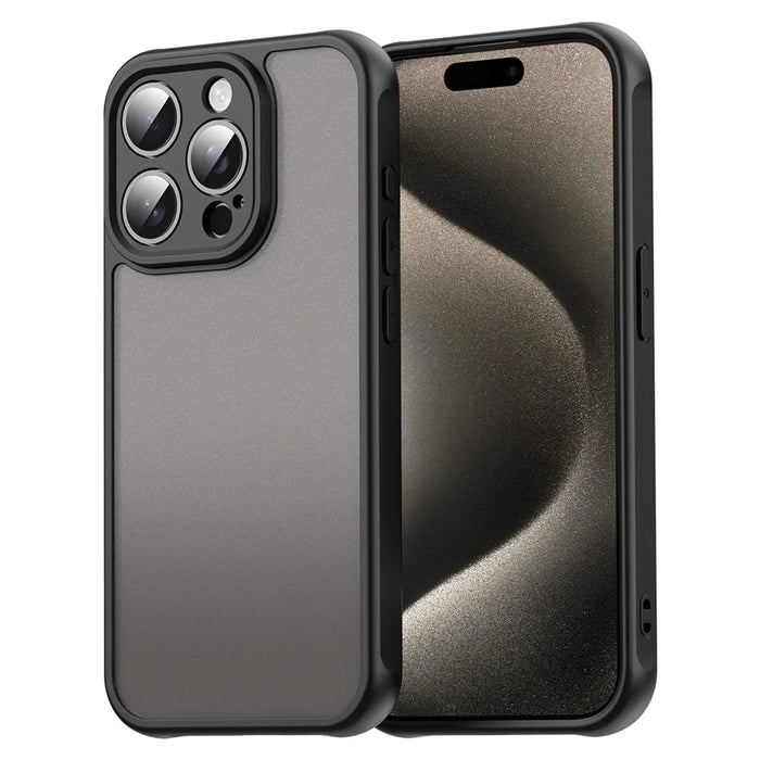 For iPhone 15 Pro Max Case Drop Proof Airbags Frosted Translucent PC + TPU Phone Back Cover - Black - 1