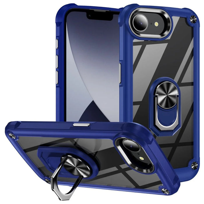 For iPhone 17e / 16e Case Alloy Lens Frame PC + TPU Kickstand Phone Back Cover - Blue  /  Black - 1