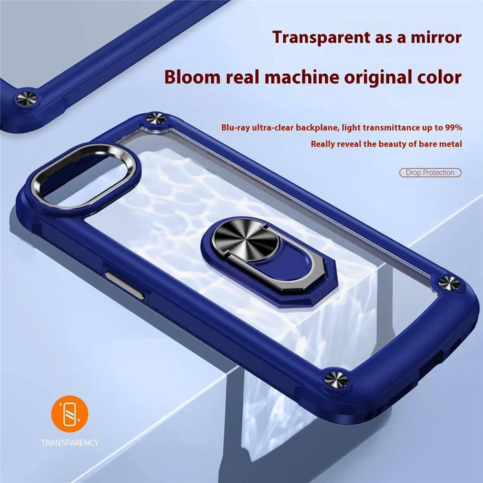 For iPhone 17e / 16e Case Alloy Lens Frame PC + TPU Kickstand Phone Back Cover - Blue  /  Black - 3