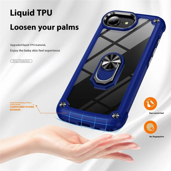 For iPhone 17e / 16e Case Alloy Lens Frame PC + TPU Kickstand Phone Back Cover - Blue  /  Black - 4
