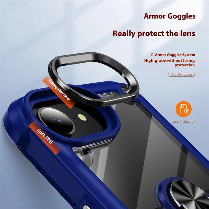 For iPhone 17e / 16e Case Alloy Lens Frame PC + TPU Kickstand Phone Back Cover - Blue  /  Black - 5