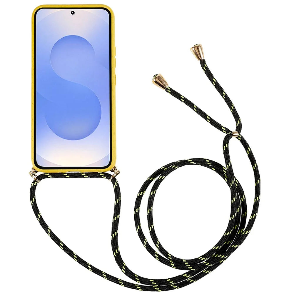 For Samsung Galaxy S25 Case Biodegradable Wheat Straw+TPU Phone Cover with Long Lanyard - Yellow - 2