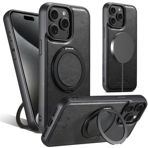SUTENI G3 For iPhone 15 Pro Case Compatible with MagSafe Waxy Texture Rotating Kickstand Leather Phone Back Cover - Black - 1