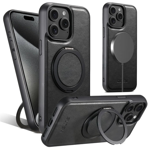 SUTENI G3 For iPhone 15 Pro Case Compatible with MagSafe Waxy Texture Rotating Kickstand Leather Phone Back Cover - Black - 1