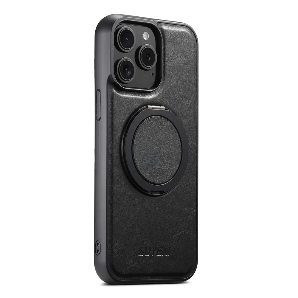 SUTENI G3 For iPhone 15 Pro Case Compatible with MagSafe Waxy Texture Rotating Kickstand Leather Phone Back Cover - Black - 6