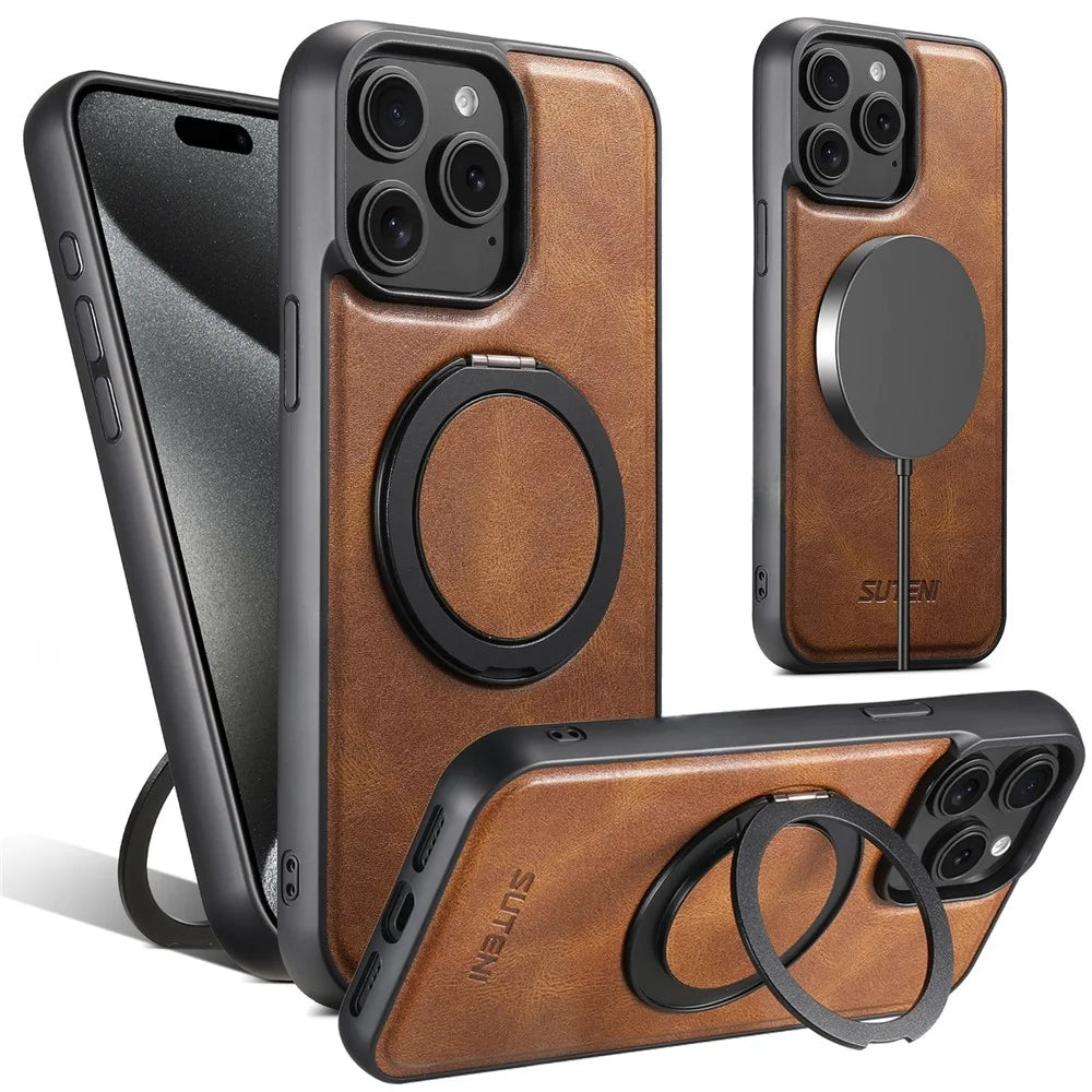 SUTENI G3 For iPhone 15 Pro Max Case Compatible with MagSafe Waxy Texture Rotating Kickstand Leather Phone Back Cover - Brown - 1