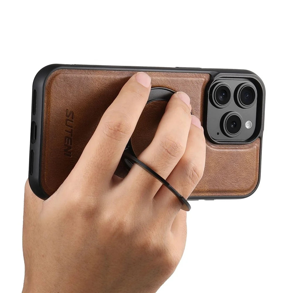 SUTENI G3 For iPhone 15 Pro Max Case Compatible with MagSafe Waxy Texture Rotating Kickstand Leather Phone Back Cover - Brown - 4