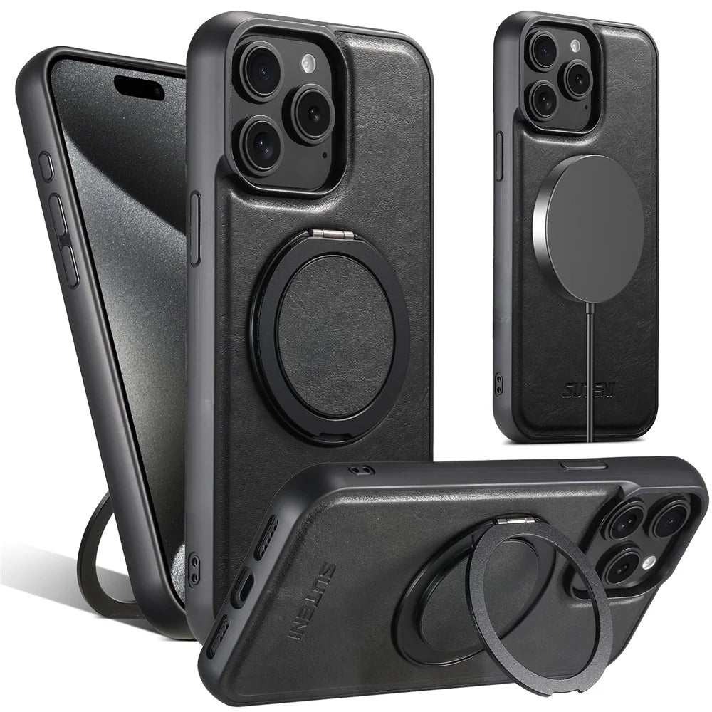 SUTENI G3 For iPhone 14 Pro Max Case Compatible with MagSafe Waxy Texture Rotating Kickstand Leather Phone Back Cover - Black - 1