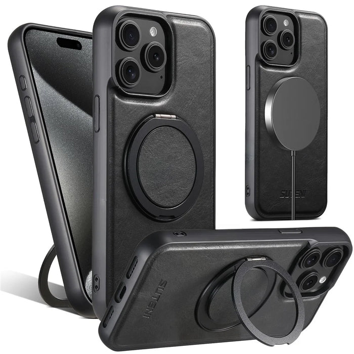 SUTENI G3 For iPhone 14 Pro Max Case Compatible with MagSafe Waxy Texture Rotating Kickstand Leather Phone Back Cover - Black - 1