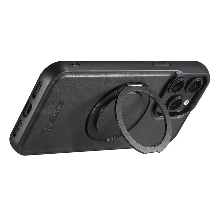 SUTENI G3 For iPhone 14 Pro Max Case Compatible with MagSafe Waxy Texture Rotating Kickstand Leather Phone Back Cover - Black - 2