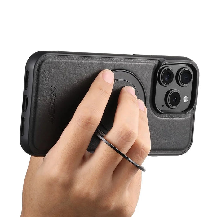SUTENI G3 For iPhone 14 Pro Max Case Compatible with MagSafe Waxy Texture Rotating Kickstand Leather Phone Back Cover - Black - 3