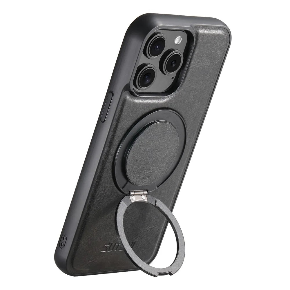 SUTENI G3 For iPhone 14 Pro Max Case Compatible with MagSafe Waxy Texture Rotating Kickstand Leather Phone Back Cover - Black - 4