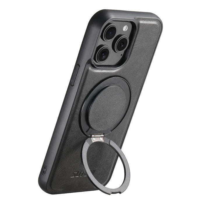 SUTENI G3 For iPhone 14 Pro Max Case Compatible with MagSafe Waxy Texture Rotating Kickstand Leather Phone Back Cover - Black - 4
