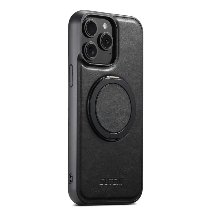 SUTENI G3 For iPhone 14 Pro Max Case Compatible with MagSafe Waxy Texture Rotating Kickstand Leather Phone Back Cover - Black - 6