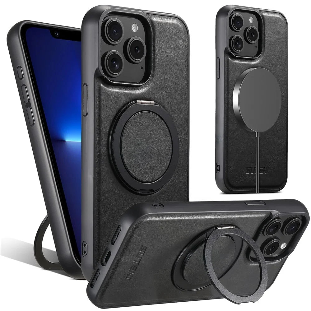 SUTENI G3 For iPhone 13 Pro Case Compatible with MagSafe Waxy Texture Rotating Kickstand Leather Phone Back Cover - Black - 1