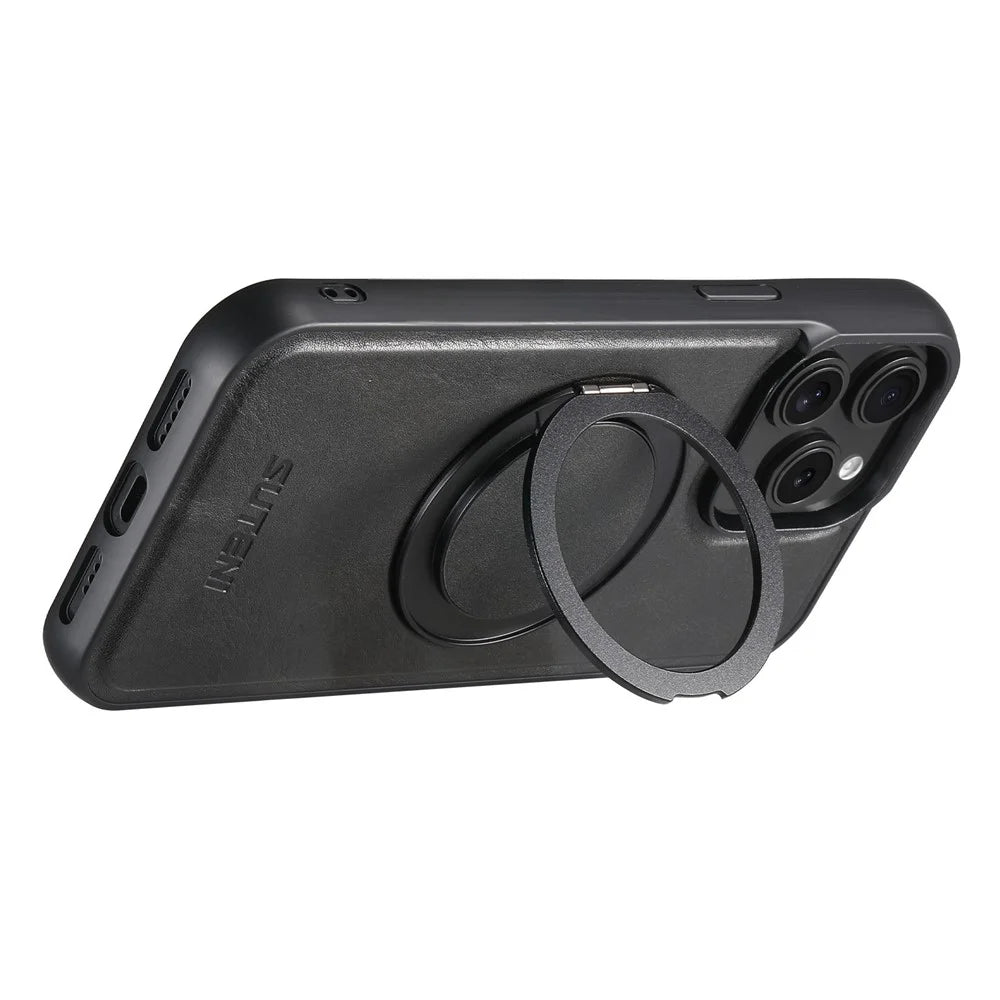 SUTENI G3 For iPhone 13 Pro Case Compatible with MagSafe Waxy Texture Rotating Kickstand Leather Phone Back Cover - Black - 2
