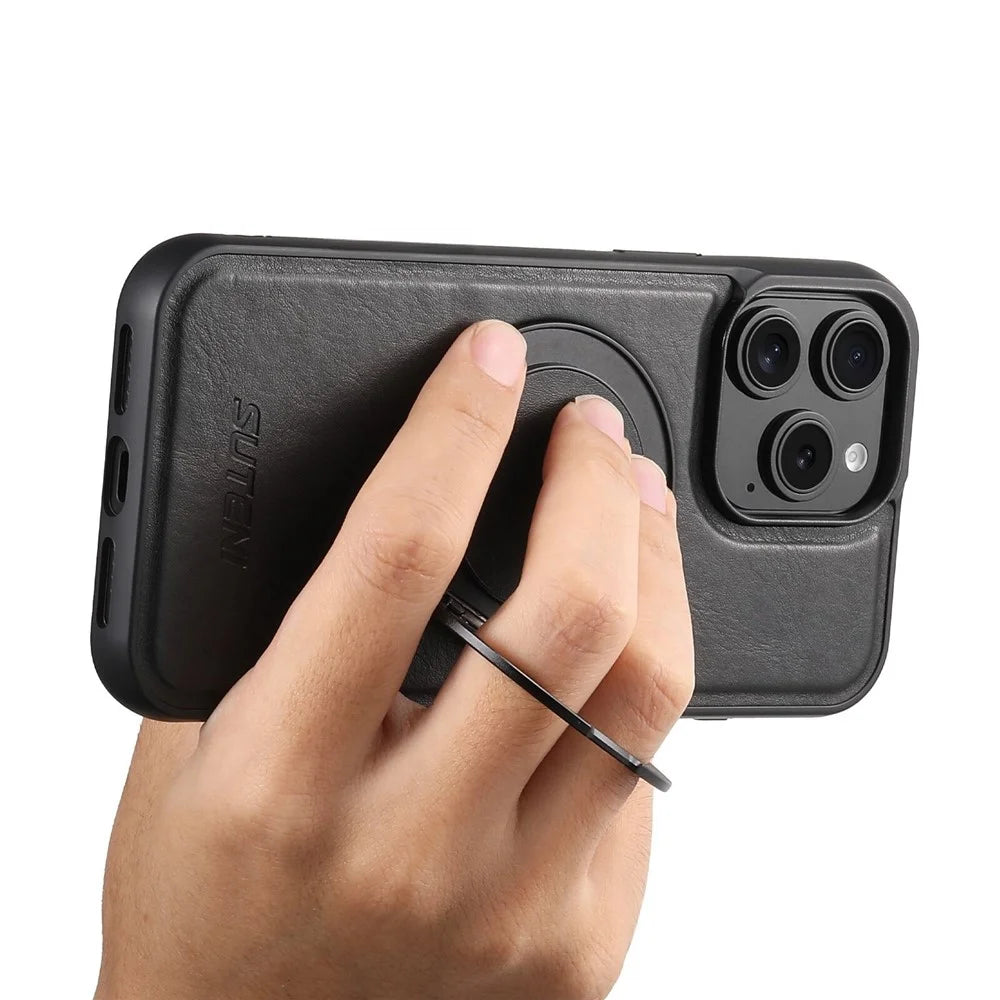 SUTENI G3 For iPhone 13 Pro Case Compatible with MagSafe Waxy Texture Rotating Kickstand Leather Phone Back Cover - Black - 5