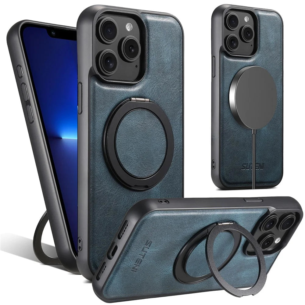 SUTENI G3 For iPhone 13 Pro Max Case Compatible with MagSafe Waxy Texture Rotating Kickstand Leather Phone Back Cover - Blue - 1