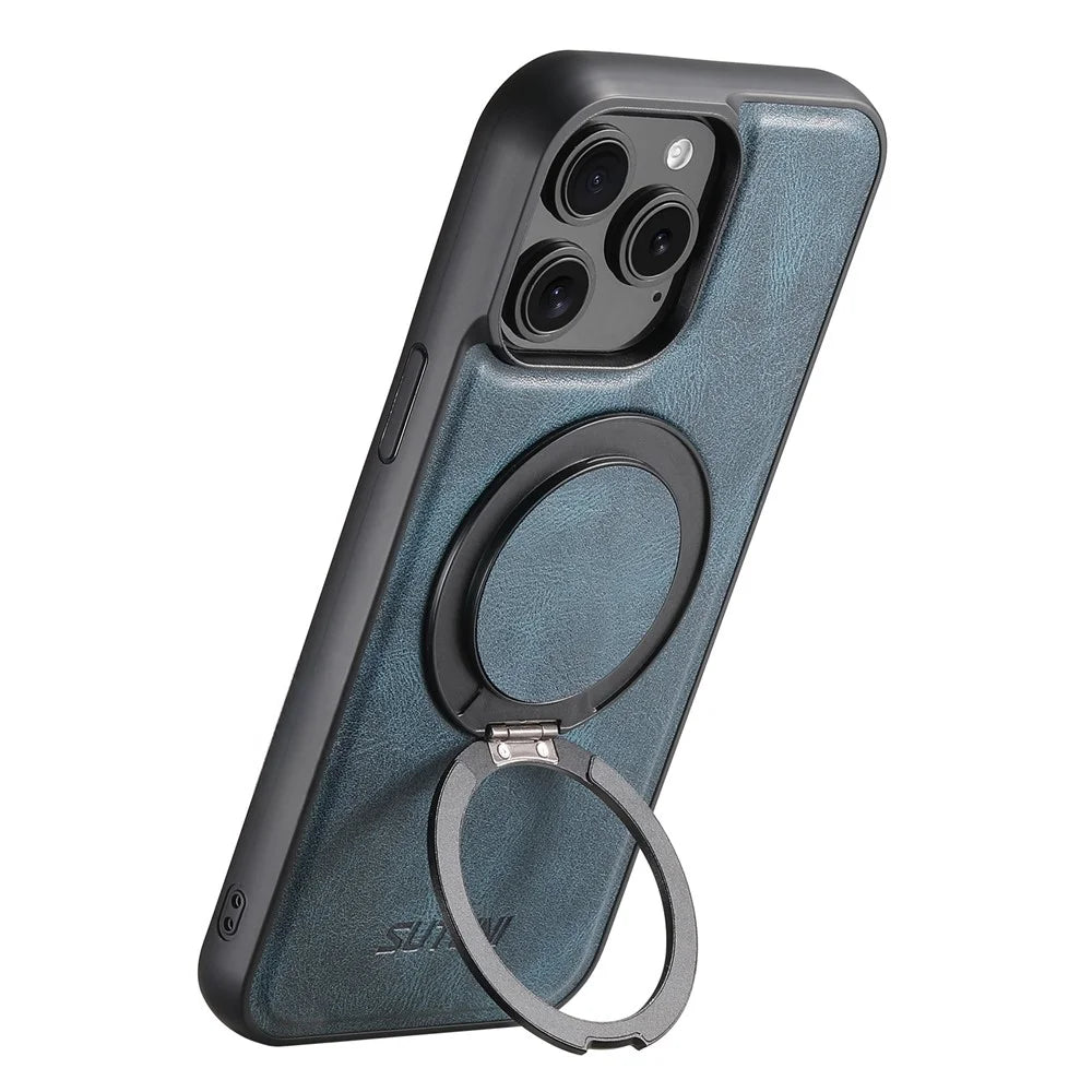 SUTENI G3 For iPhone 13 Pro Max Case Compatible with MagSafe Waxy Texture Rotating Kickstand Leather Phone Back Cover - Blue - 3
