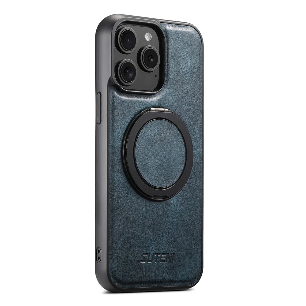 SUTENI G3 For iPhone 13 Pro Max Case Compatible with MagSafe Waxy Texture Rotating Kickstand Leather Phone Back Cover - Blue - 4