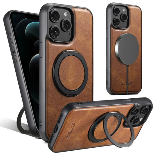 SUTENI G3 For iPhone 12 / 12 Pro Case Compatible with MagSafe Waxy Texture Rotating Kickstand Leather Phone Back Cover - Brown - 1