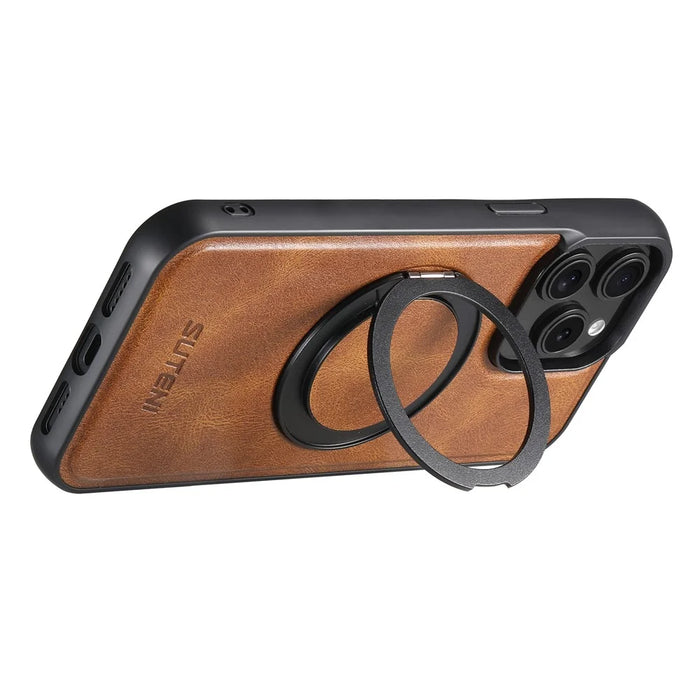 SUTENI G3 For iPhone 12 / 12 Pro Case Compatible with MagSafe Waxy Texture Rotating Kickstand Leather Phone Back Cover - Brown - 2