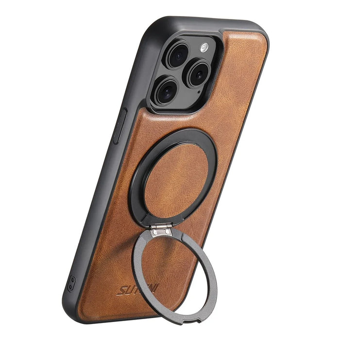 SUTENI G3 For iPhone 12 / 12 Pro Case Compatible with MagSafe Waxy Texture Rotating Kickstand Leather Phone Back Cover - Brown - 3