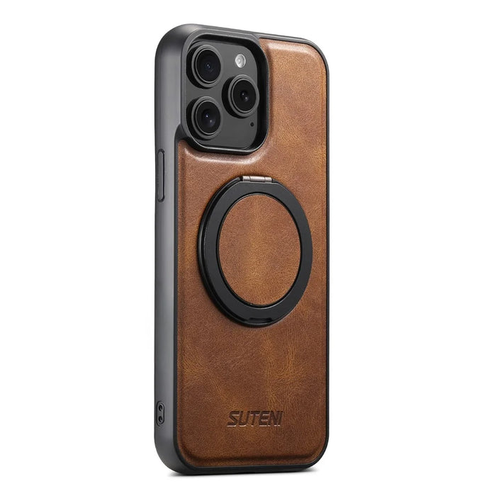 SUTENI G3 For iPhone 12 / 12 Pro Case Compatible with MagSafe Waxy Texture Rotating Kickstand Leather Phone Back Cover - Brown - 4