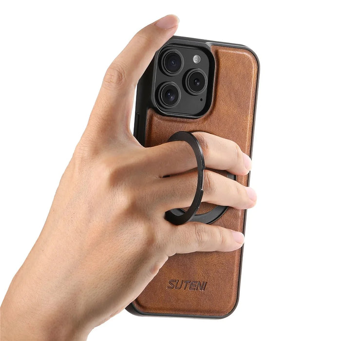 SUTENI G3 For iPhone 12 / 12 Pro Case Compatible with MagSafe Waxy Texture Rotating Kickstand Leather Phone Back Cover - Brown - 6