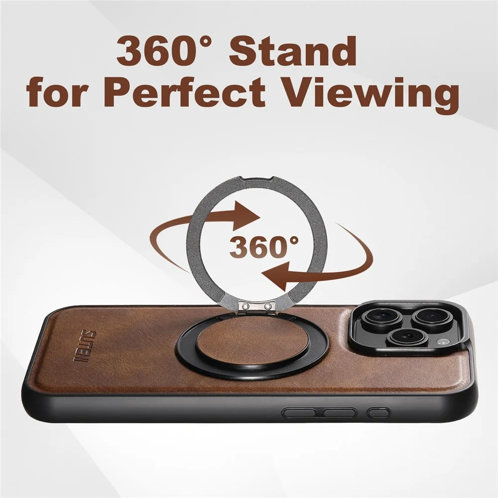 SUTENI G3 For iPhone 12 / 12 Pro Case Compatible with MagSafe Waxy Texture Rotating Kickstand Leather Phone Back Cover - Brown - 7