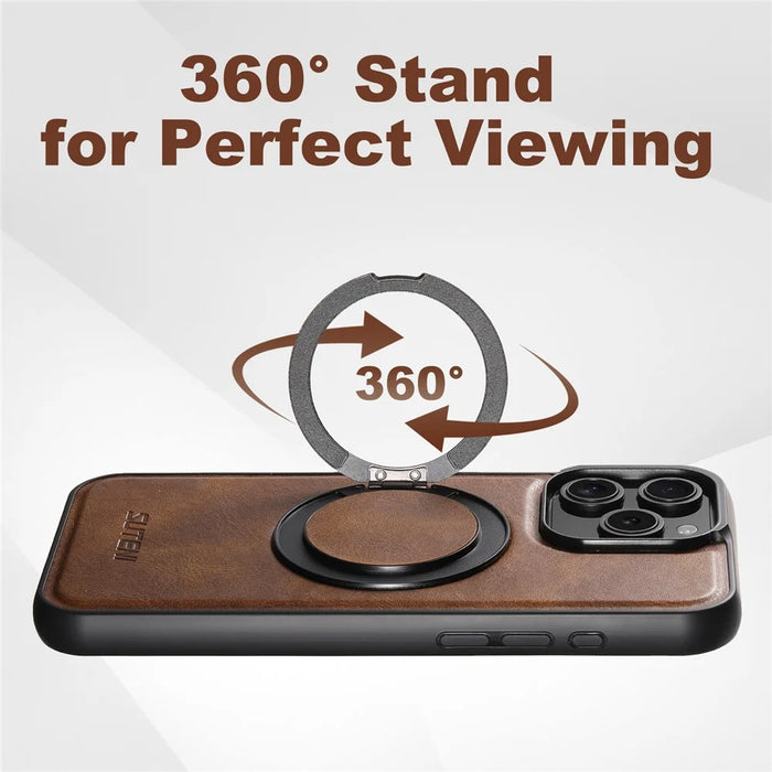 SUTENI G3 For iPhone 12 / 12 Pro Case Compatible with MagSafe Waxy Texture Rotating Kickstand Leather Phone Back Cover - Brown - 7