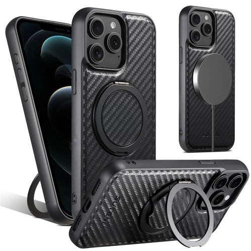 SUTENI G3 For iPhone 12 / 12 Pro Magnetic Case Rotating Kickstand Carbon Fiber Texture Leather Phone Back Cover - 1