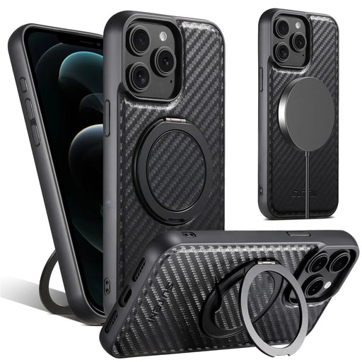 SUTENI G3 For iPhone 12 / 12 Pro Magnetic Case Rotating Kickstand Carbon Fiber Texture Leather Phone Back Cover - 1