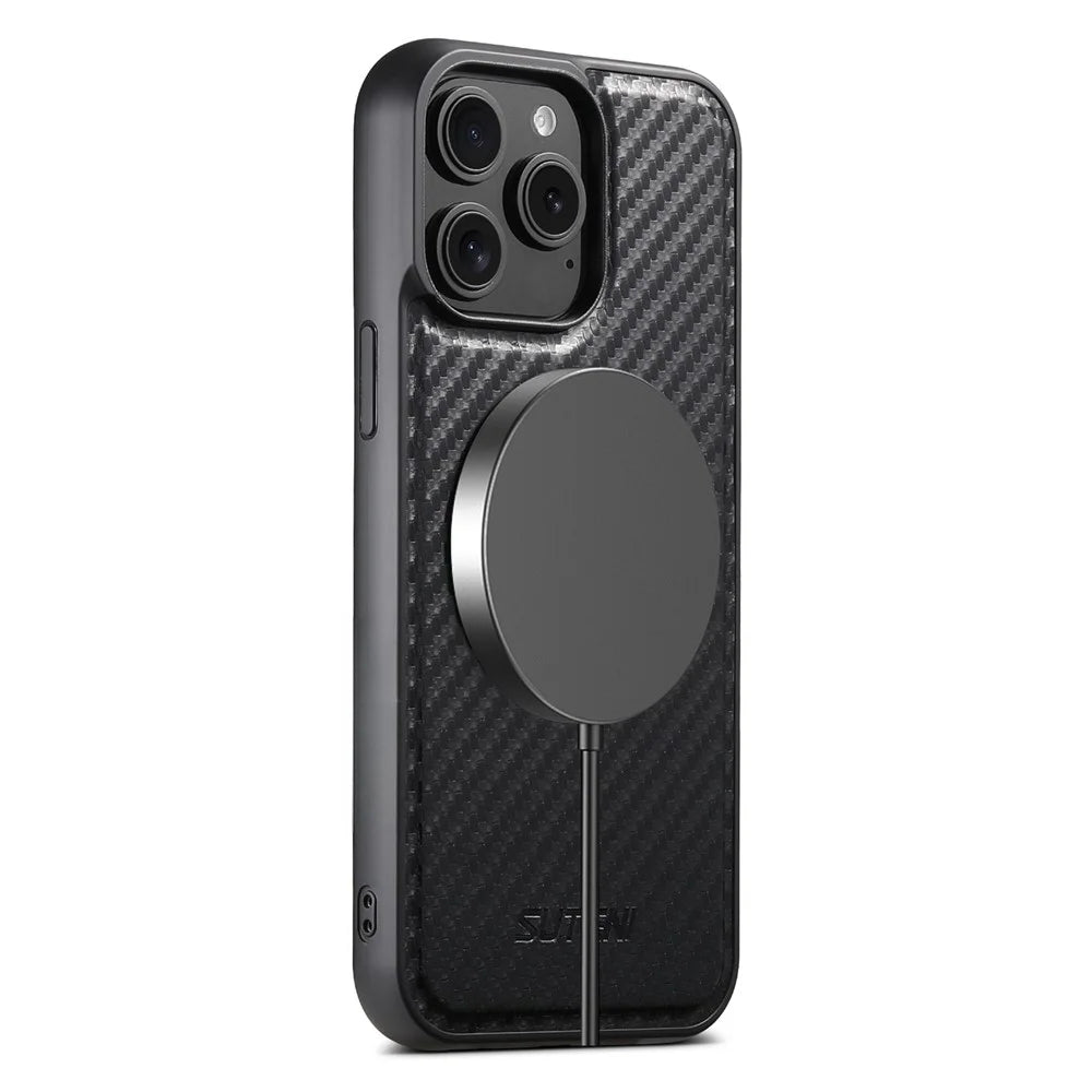 SUTENI G3 For iPhone 12 / 12 Pro Magnetic Case Rotating Kickstand Carbon Fiber Texture Leather Phone Back Cover - 7