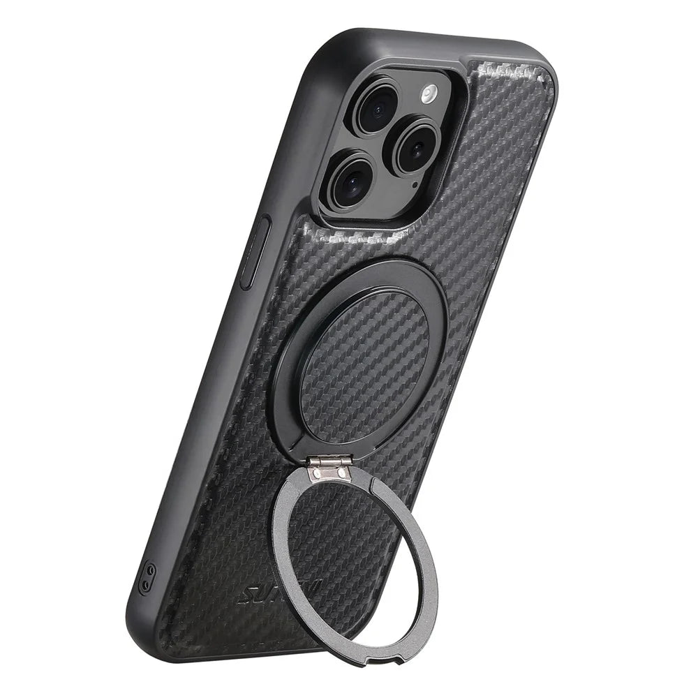 SUTENI G3 For iPhone 12 Pro Max Magnetic Case Rotating Kickstand Carbon Fiber Texture Leather Phone Back Cover - 4