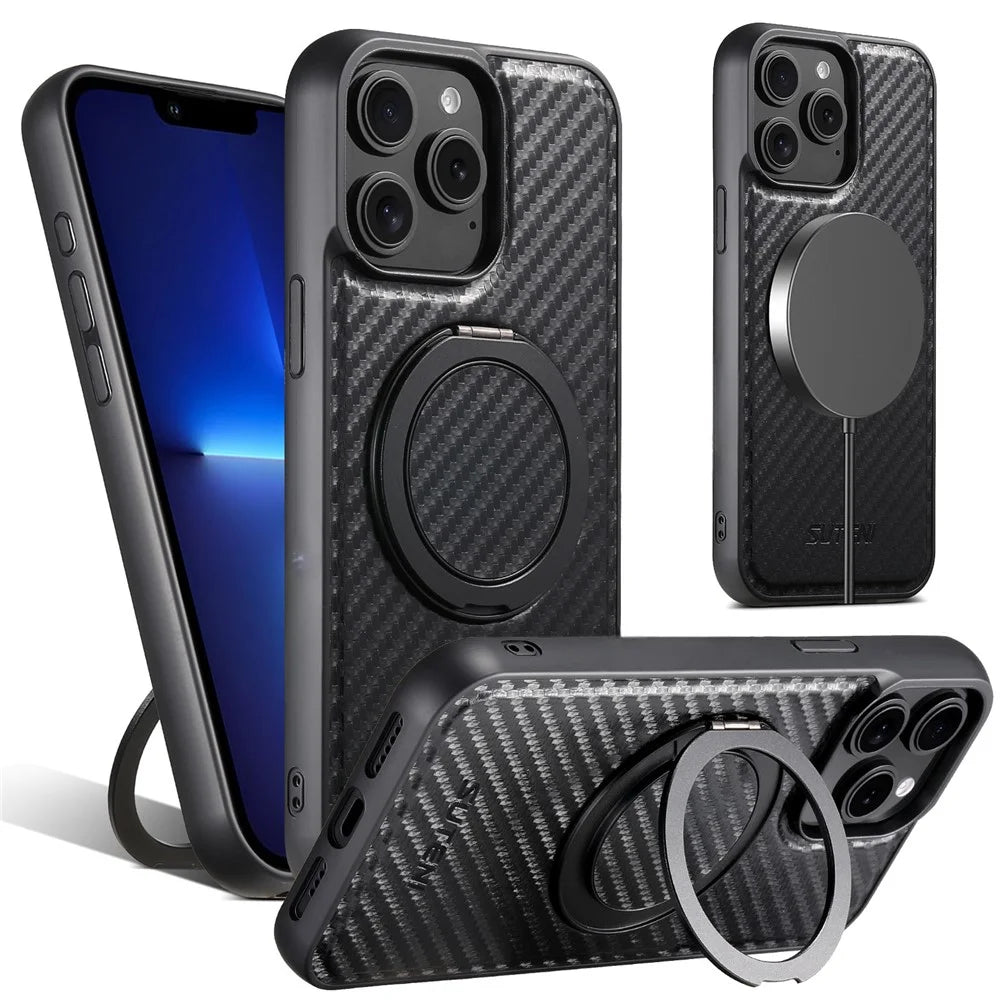 SUTENI G3 For iPhone 13 Pro Magnetic Case Rotating Kickstand Carbon Fiber Texture Leather Phone Back Cover - 1