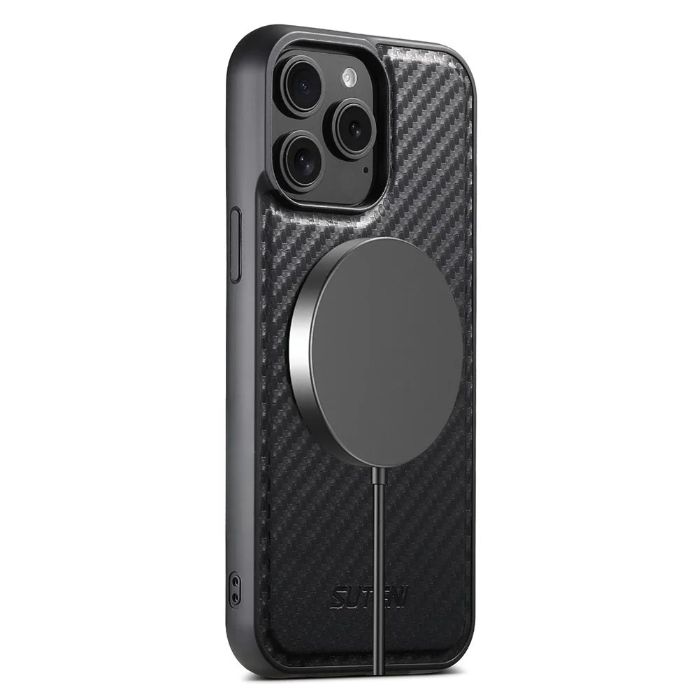 SUTENI G3 For iPhone 13 Pro Magnetic Case Rotating Kickstand Carbon Fiber Texture Leather Phone Back Cover - 7