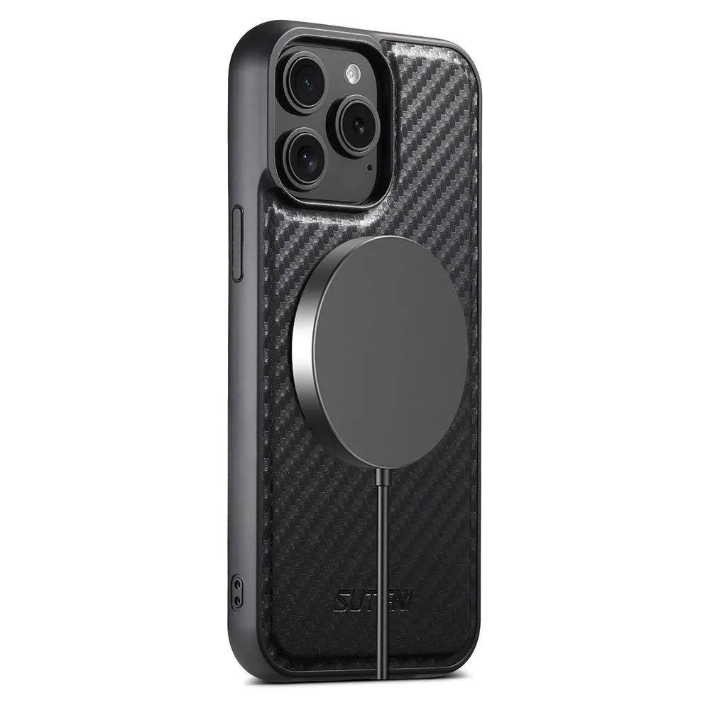 SUTENI G3 For iPhone 13 Pro Max Magnetic Case Rotating Kickstand Carbon Fiber Texture Leather Phone Back Cover - 7