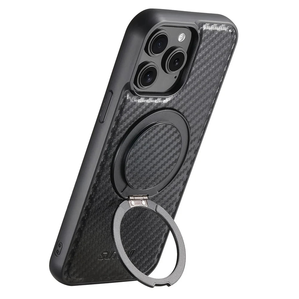 SUTENI G3 For iPhone 14 Pro Magnetic Case Rotating Kickstand Carbon Fiber Texture Leather Phone Back Cover - 4